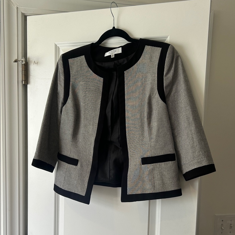 Talbots Grey Open-Front Blazer with Black Trim